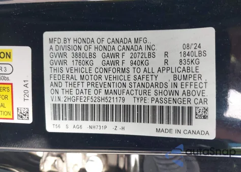 2025 Honda Civic Sport из США, поврежденный, VIN 2HGFE2F52SH521179